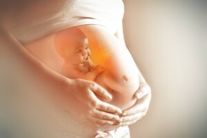 pregnant woman holding stomach, highlighting baby growth