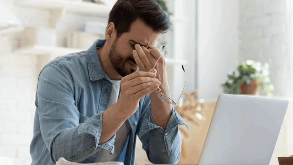 A man experiencing eye discomfort at work